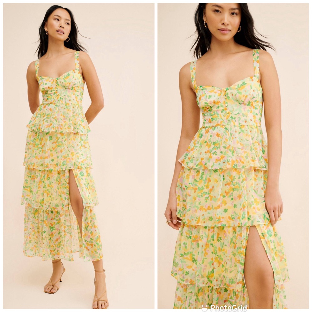 ASTR Midsummer Floral Maxi Dress‎ Small Yellow Green Tiered Wedding Guest New